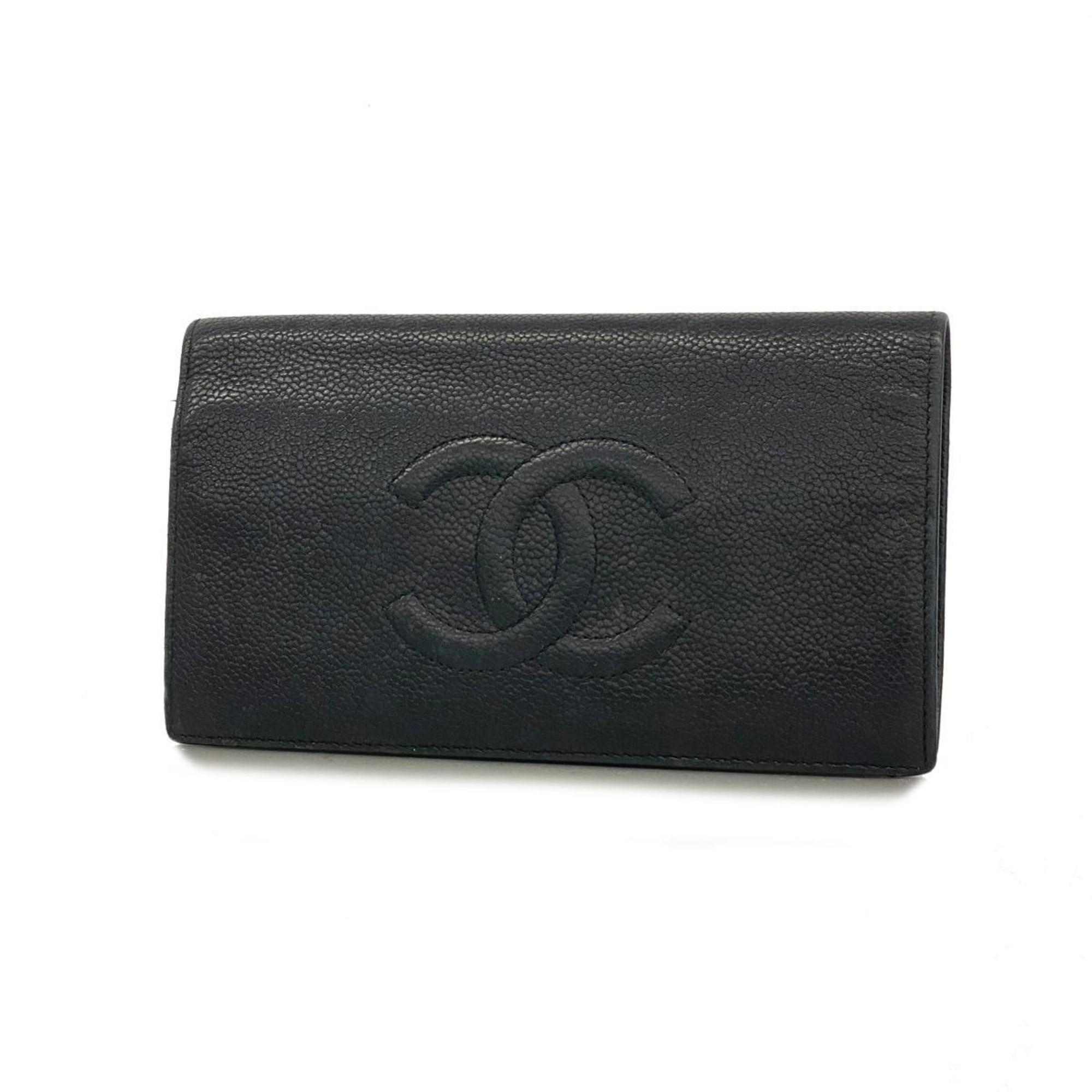 Chanel Long Wallet Caviar Skin Black Women's