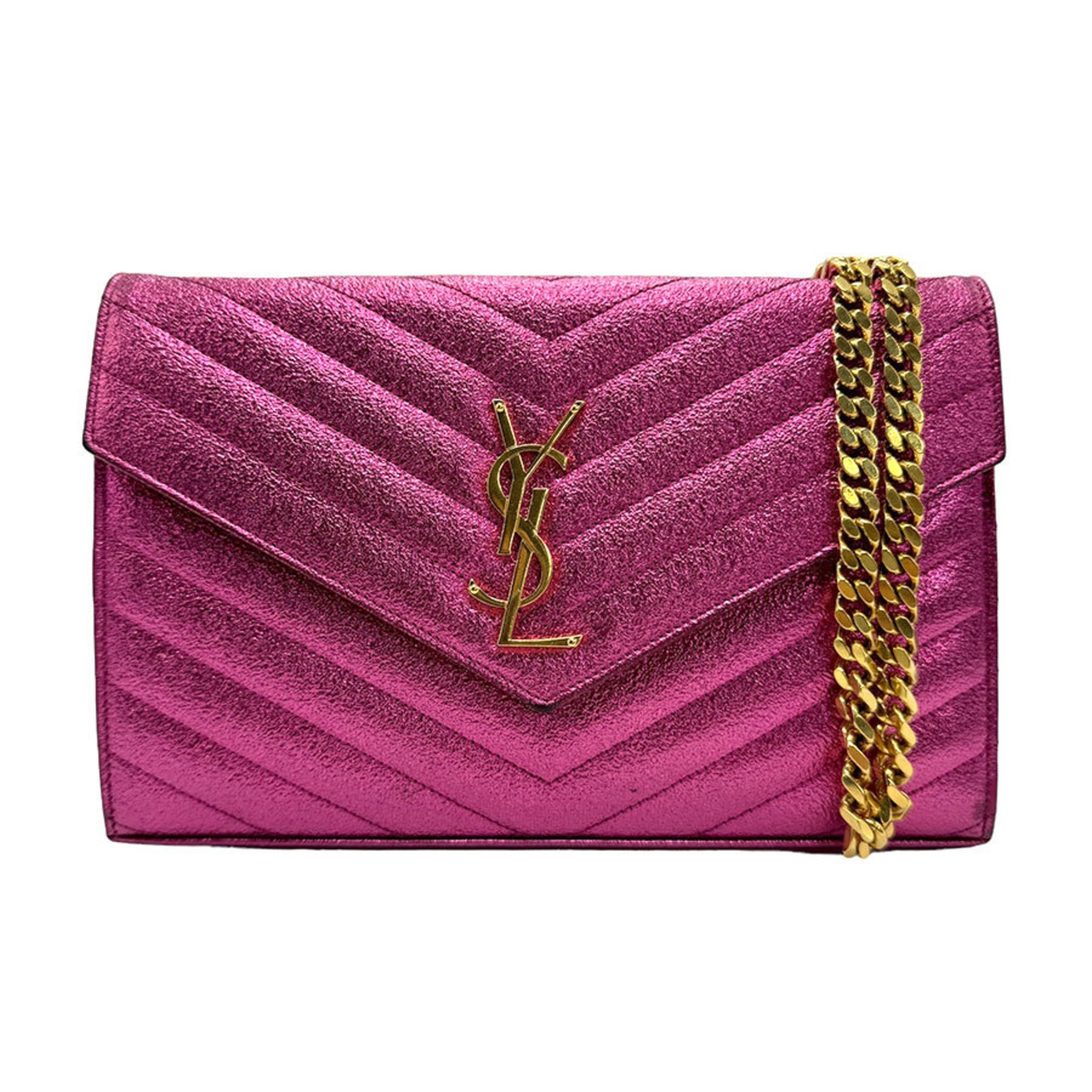 Saint Laurent SAINT LAURENT Wallet Chain Shoulder Bag Leather Metal Metallic Pink Gold Women's z1441