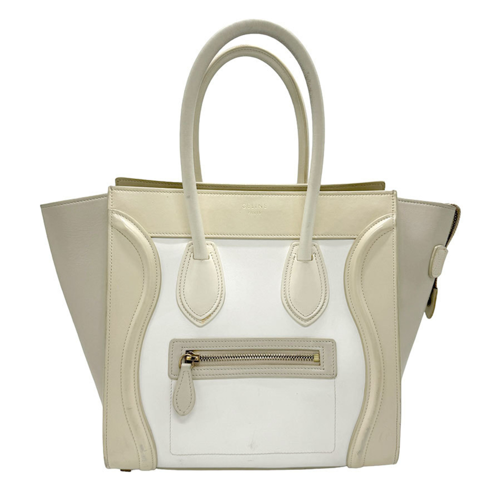 CELINE Handbag Luggage Micro Shopper Leather Beige White Women's z1382