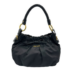 PRADA Shoulder Bag Ribbon Nylon Leather Black Gold Women's z1442
