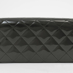 CHANEL Patent Leather Enamel Matelasse Bi-Fold Long Wallet Stripe Embossed Black Women's