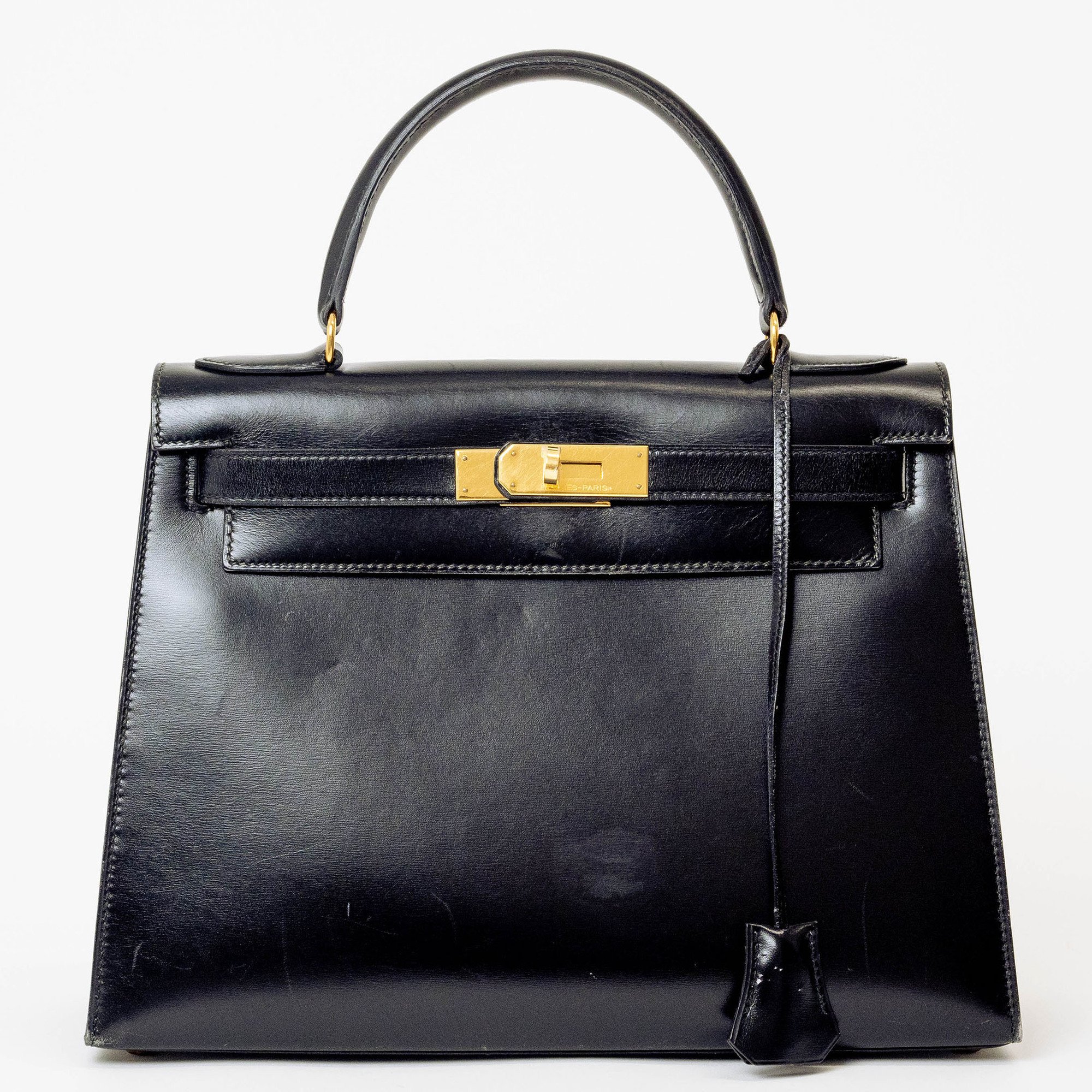 Hermes Kelly 28 Black Box Calf Outside Stitching 〇R Stamp (1995) 28cm Handbag Women's HERMES