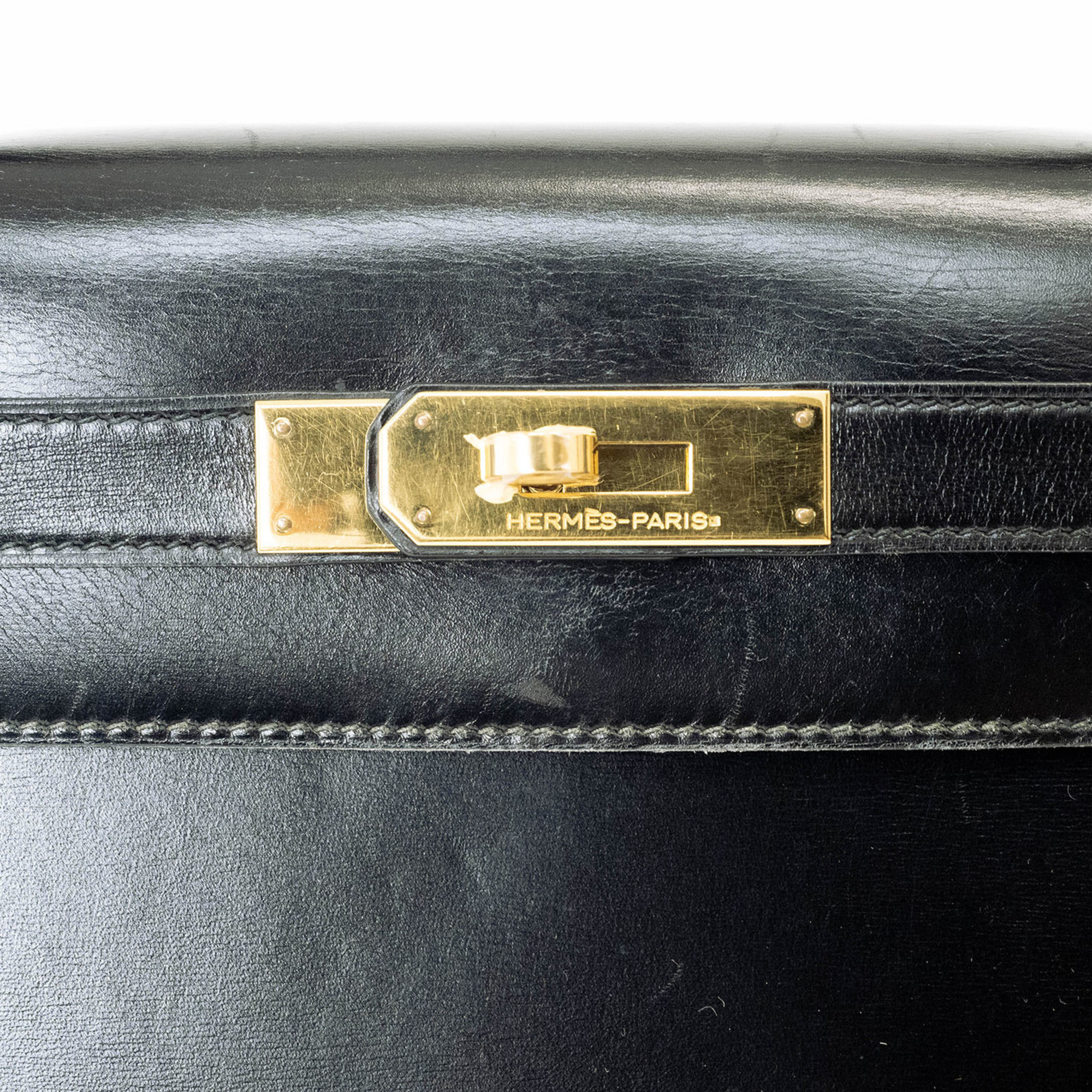 Hermes Kelly 28 Black Box Calf Outside Stitching 〇R Stamp (1995) 28cm Handbag Women's HERMES