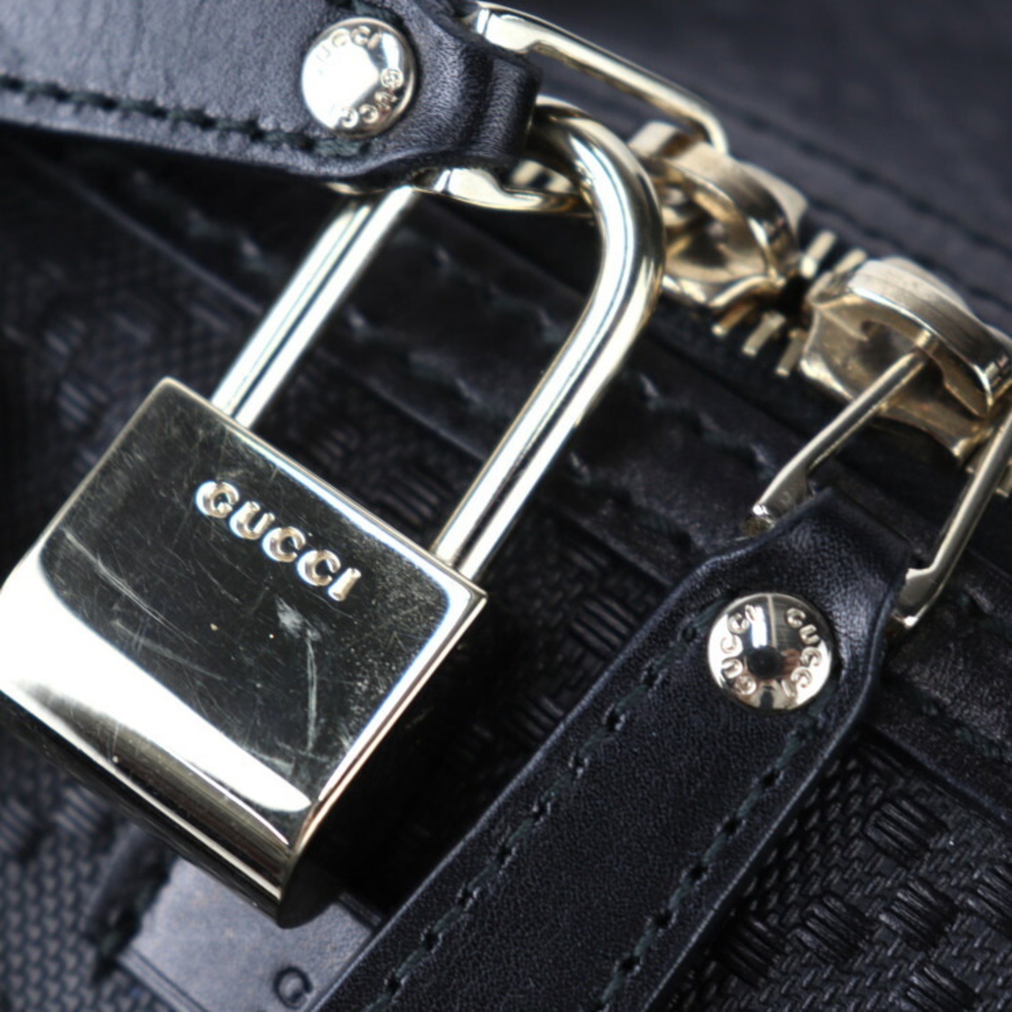 GUCCI Diamante Boston Bag 206500 Embossed Leather Black Shoulder