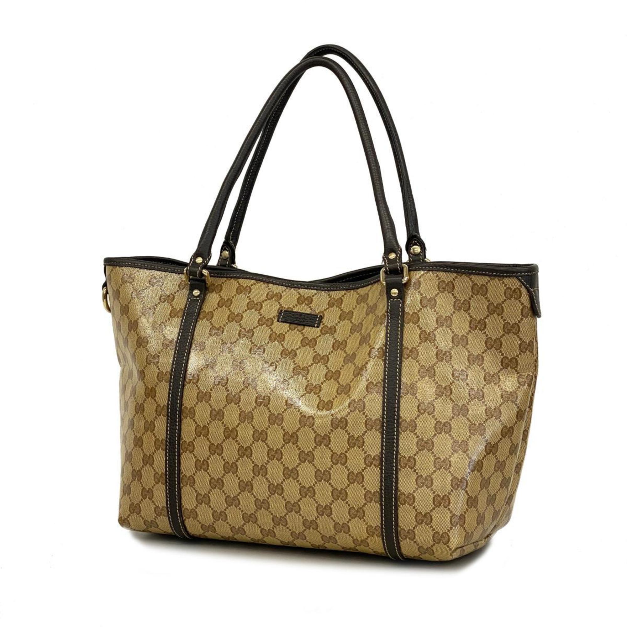 Gucci Tote Bag GG Crystal 265695 Leather Coated Canvas Brown Champagne Women's