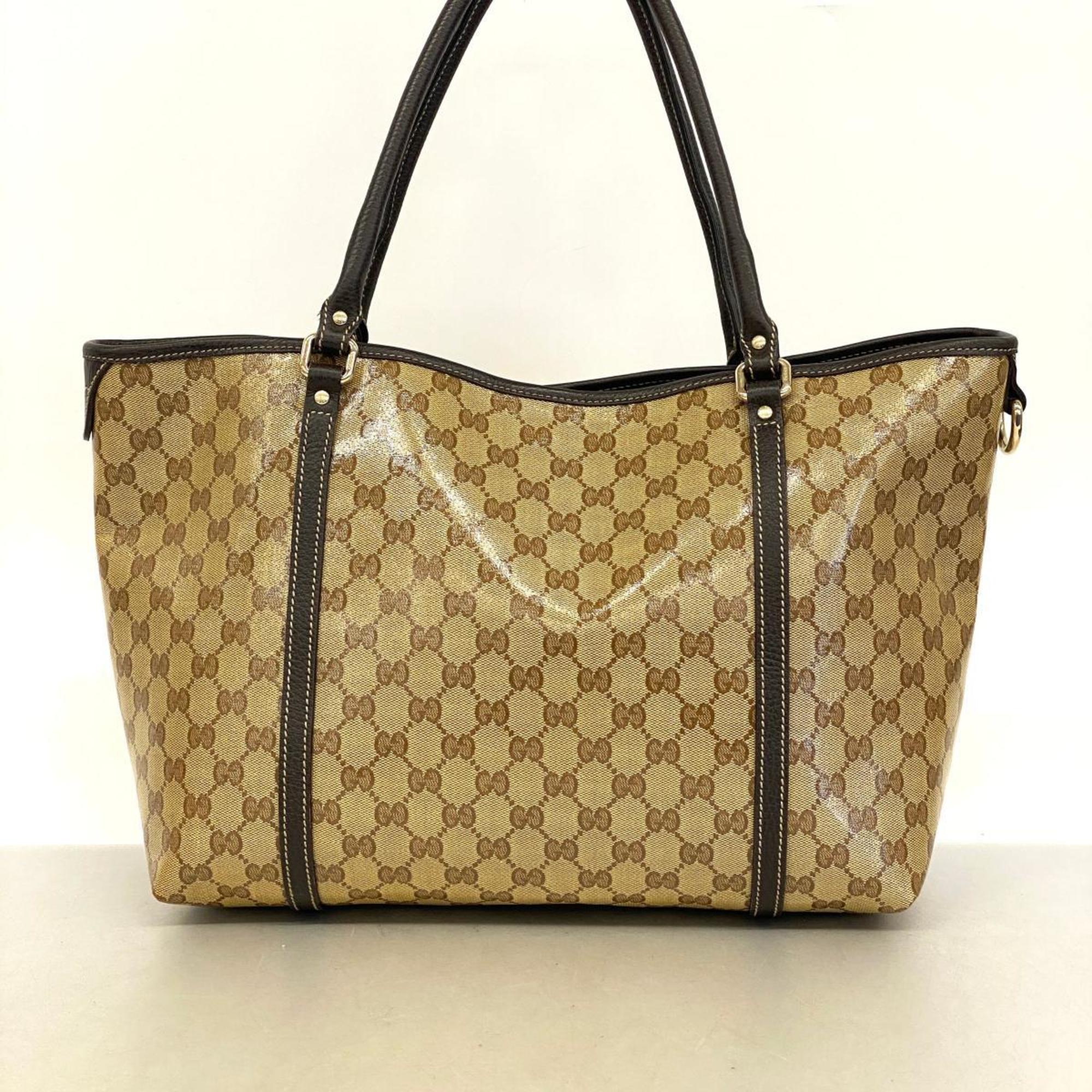 Gucci Tote Bag GG Crystal 265695 Leather Coated Canvas Brown Champagne Women's