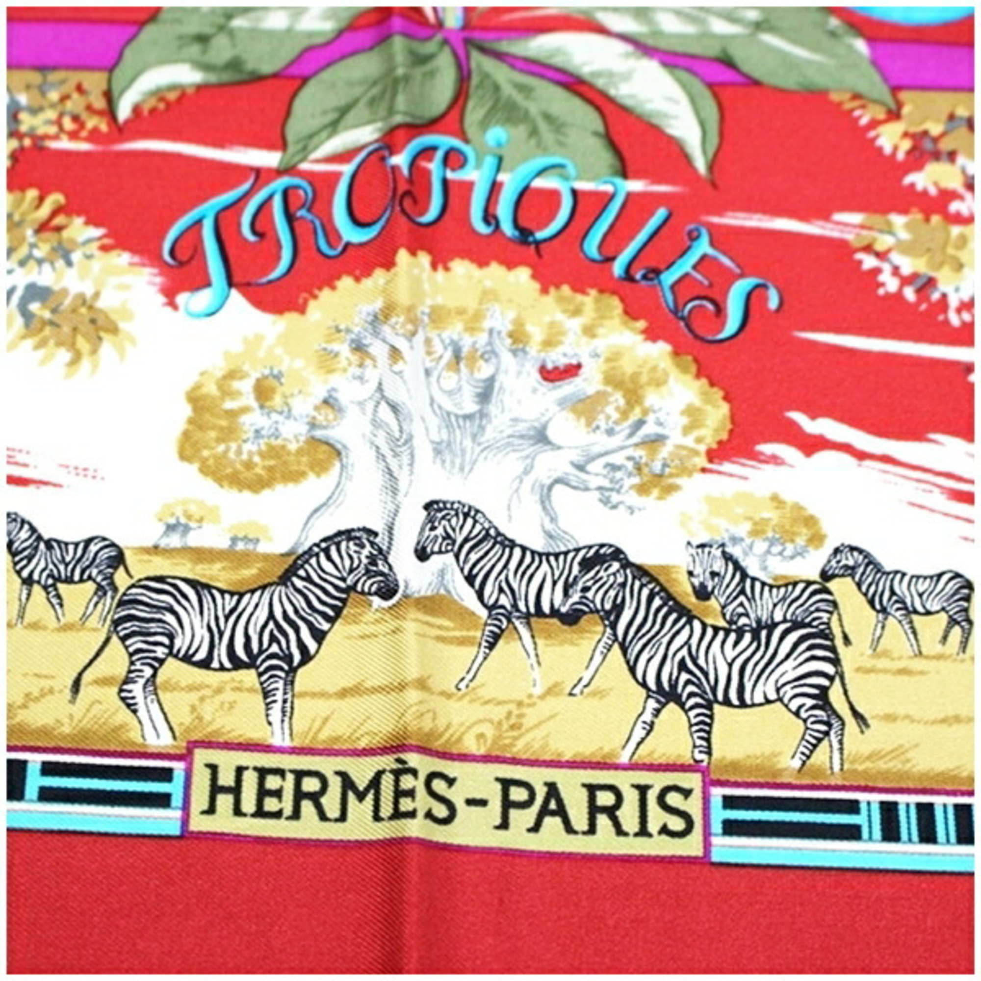Hermes Silk Scarf Muffler Carre 90 "TROPIOUES" Tropic Red Bird and Animal Pattern HERMES Women's