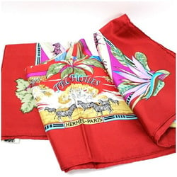 Hermes Silk Scarf Muffler Carre 90 "TROPIOUES" Tropic Red Bird and Animal Pattern HERMES Women's