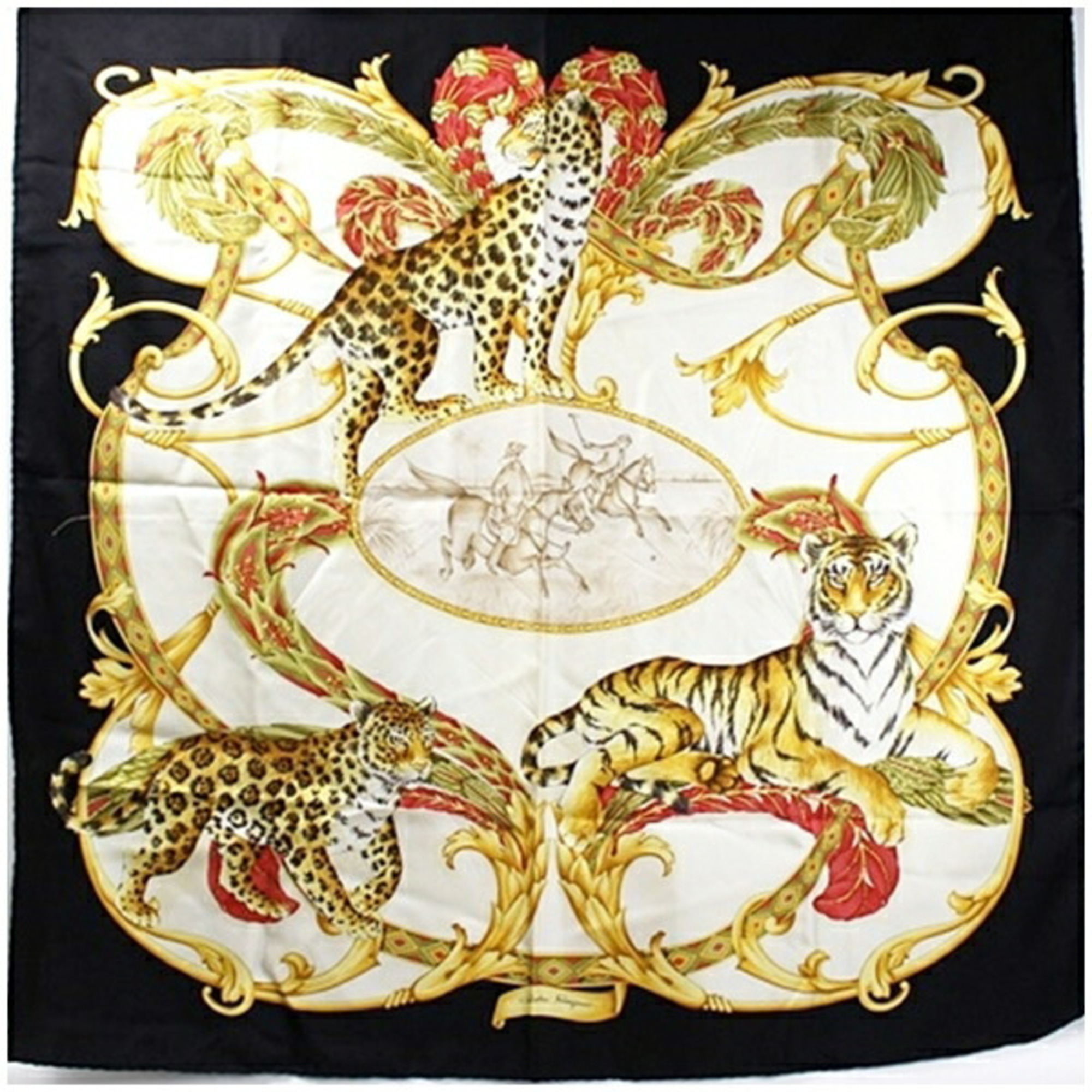 Salvatore Ferragamo Silk Scarf Muffler Tiger Leopard Print Ivory x Black  Women's | eLADY Globazone