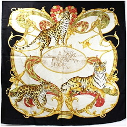 Salvatore Ferragamo Silk Scarf Muffler Tiger Leopard Print Ivory x Black Women's