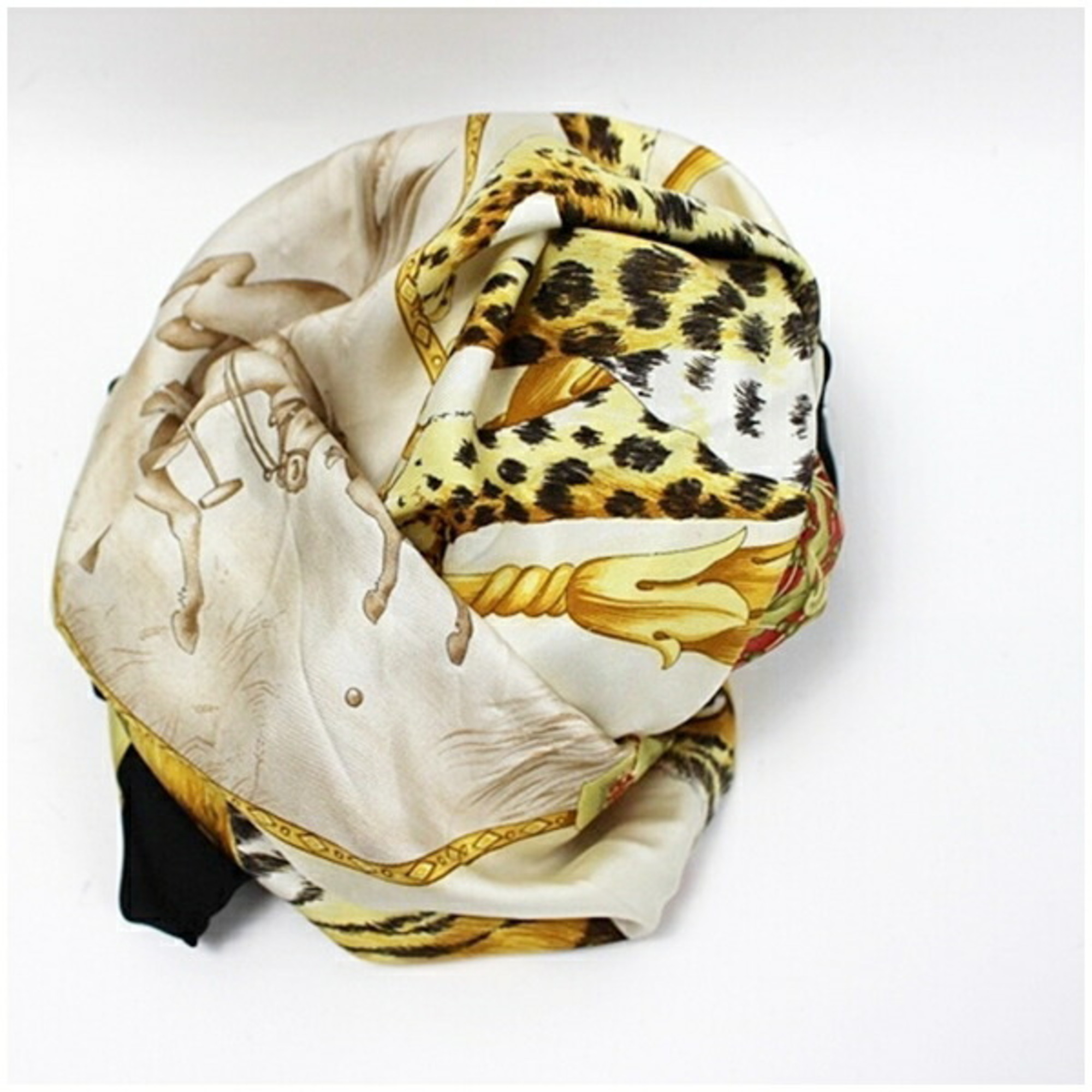 Salvatore Ferragamo Silk Scarf Muffler Tiger Leopard Print Ivory x Black Women's