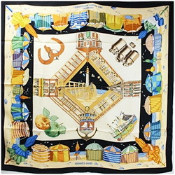 Hermes Silk Scarf Muffler Carre 90 "CHARMES DES PLAGES NORMANDES" The Charm of the Normandy Coast Black x Cream HERMES Women's