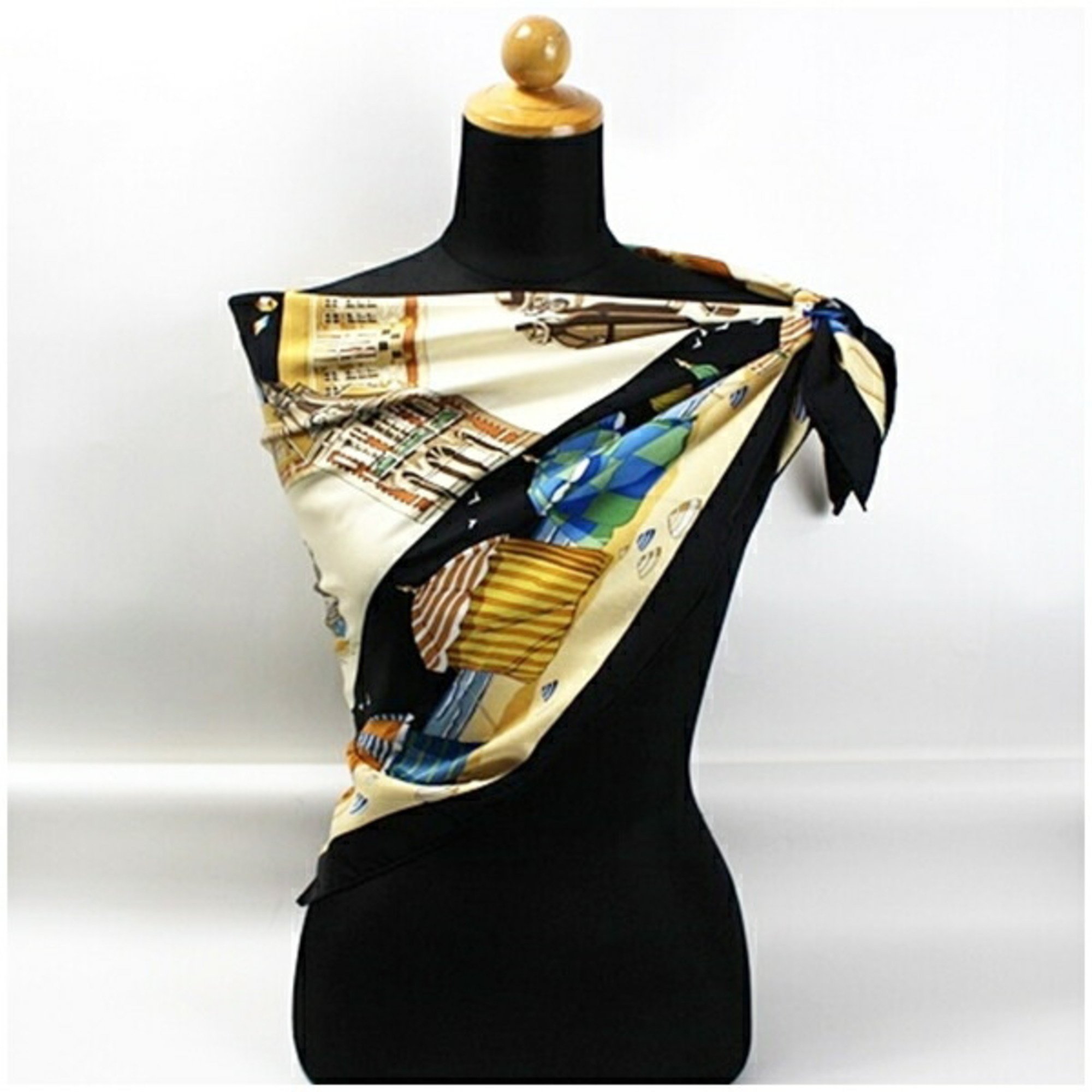 Hermes Silk Scarf Muffler Carre 90 "CHARMES DES PLAGES NORMANDES" The Charm of the Normandy Coast Black x Cream HERMES Women's