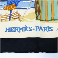 Hermes Silk Scarf Muffler Carre 90 "CHARMES DES PLAGES NORMANDES" The Charm of the Normandy Coast Black x Cream HERMES Women's