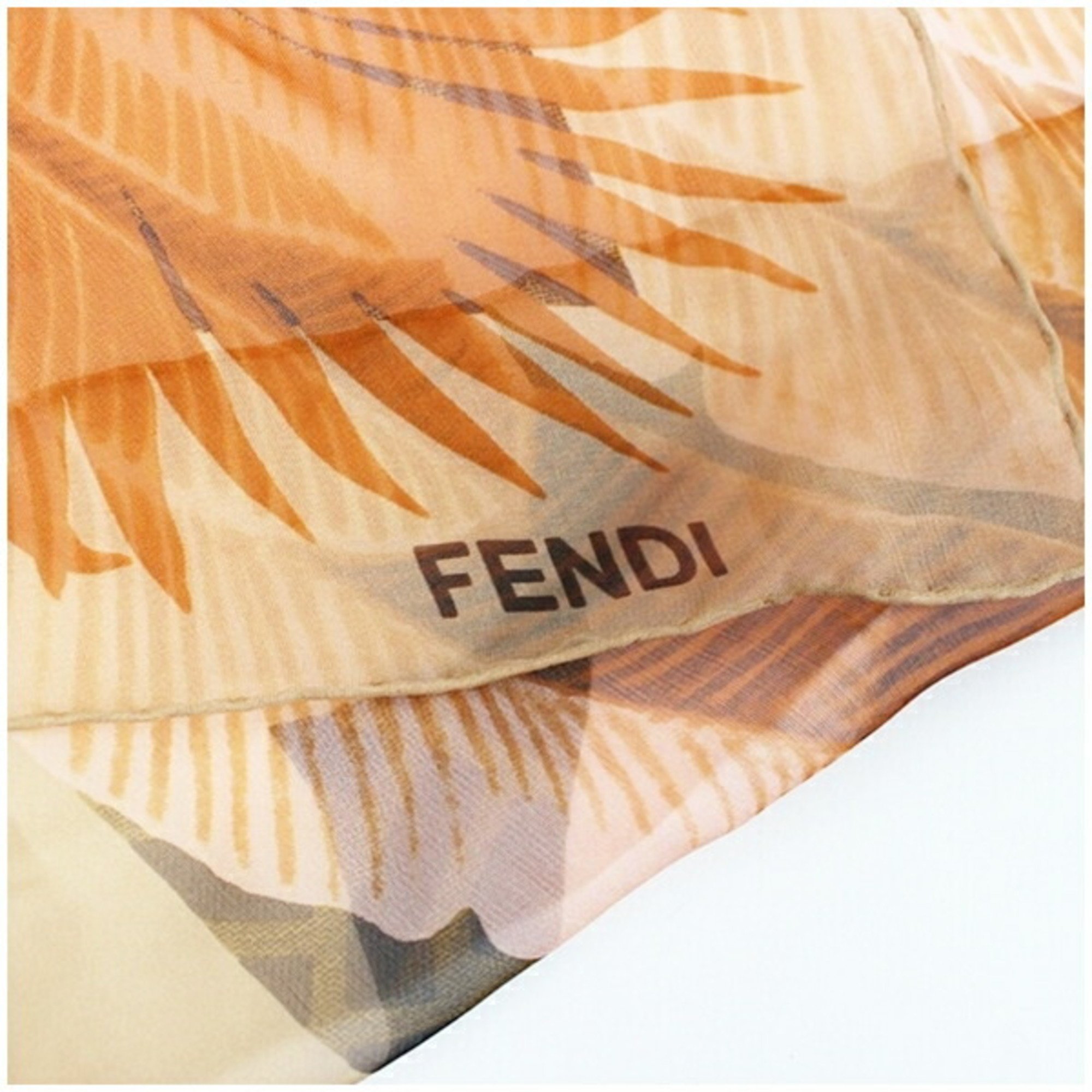 Fendi Silk Scarf Muffler Orange x Brown Plant Pattern Zucca FENDI Women's Openwork