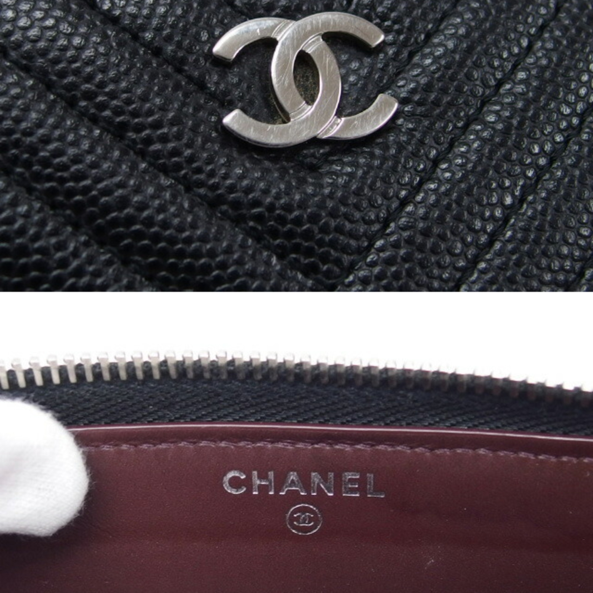 Chanel Chevron Stitch Caviar Skin Round Long Wallet Black