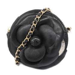 Chanel Shoulder Bag Matelasse Camellia Chain Lambskin Black Champagne Women's