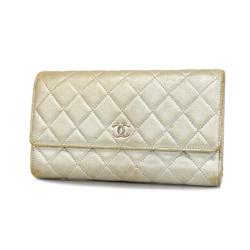 Chanel Tri-fold Long Wallet Matelasse Lambskin Silver Women's