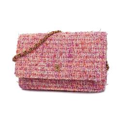 Chanel Shoulder Wallet Matelasse Chain Tweed Pink Women's