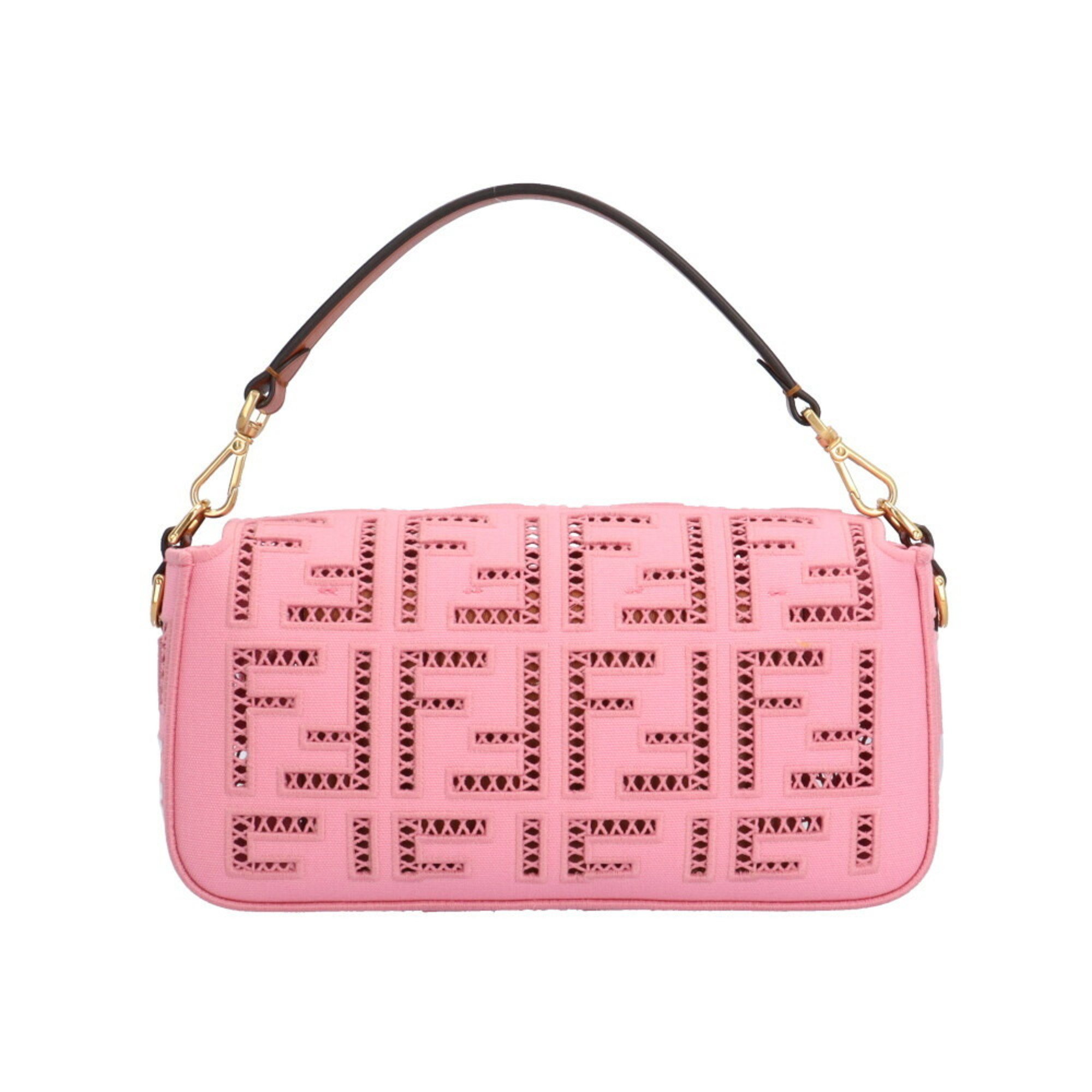 FENDI Embroidered Baguette Shoulder Bag Canvas 8BR600 Pink Women's