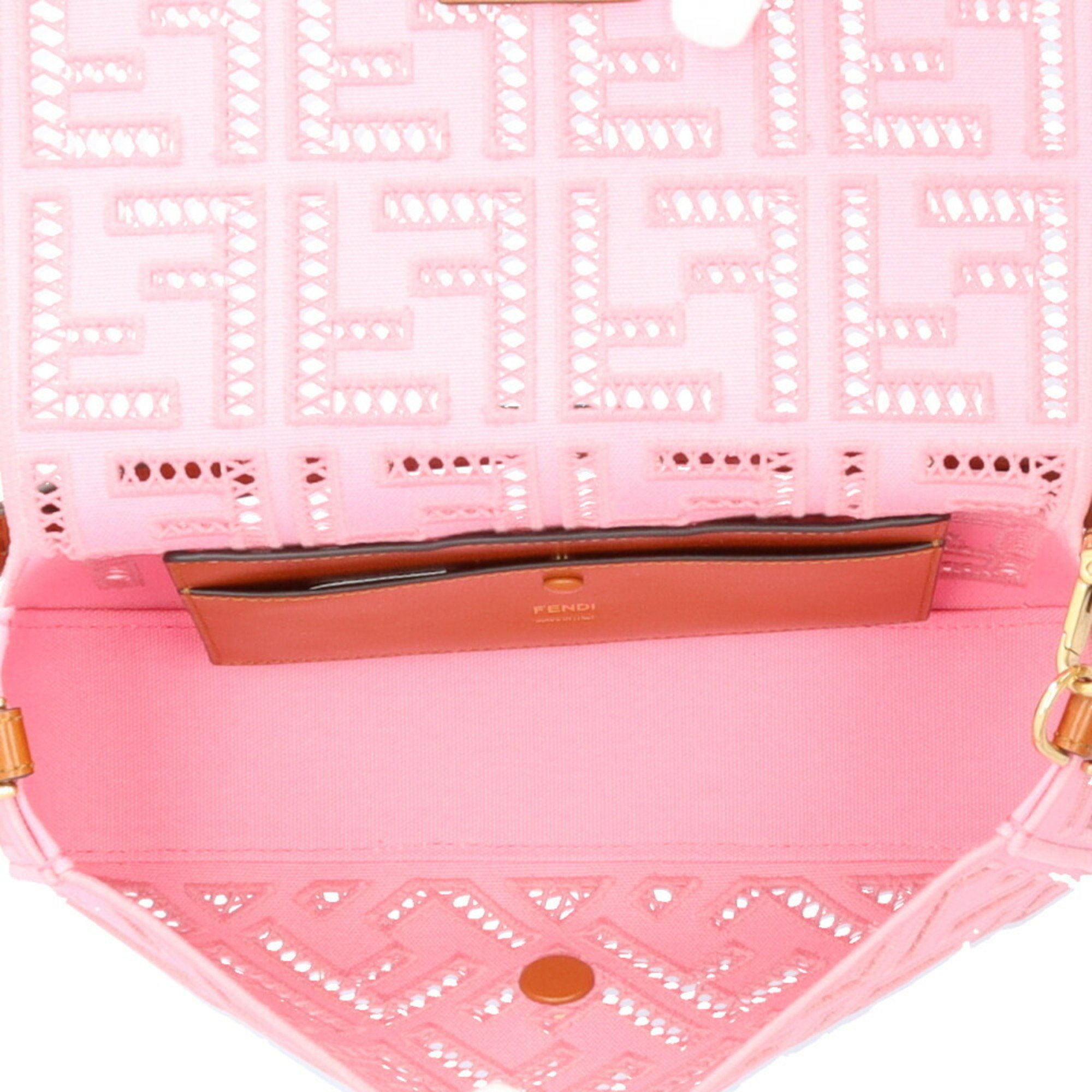 FENDI Embroidered Baguette Shoulder Bag Canvas 8BR600 Pink Women's