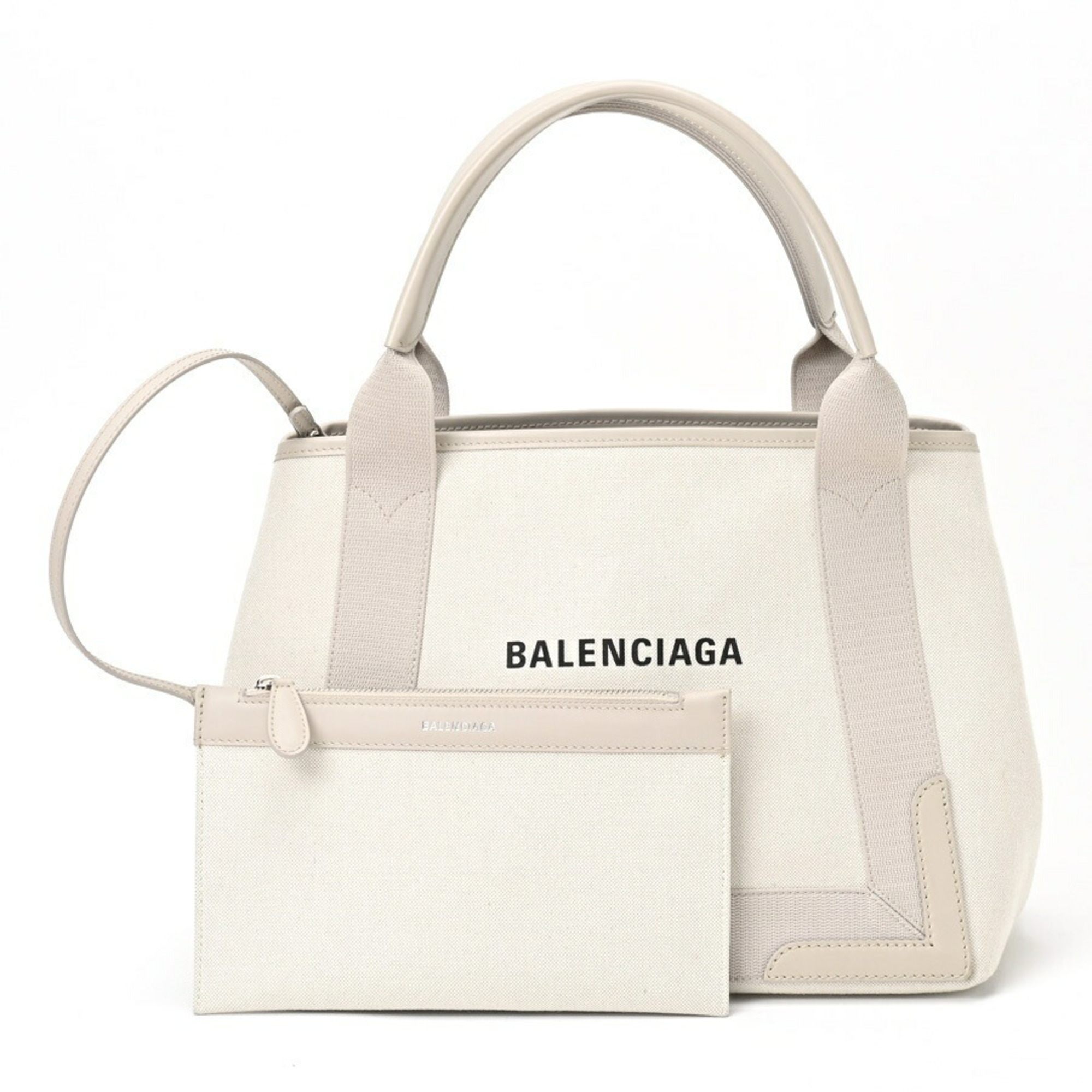 BALENCIAGA Navy Cabas S Tote Bag 339933 Canvas Leather Greige S-155827