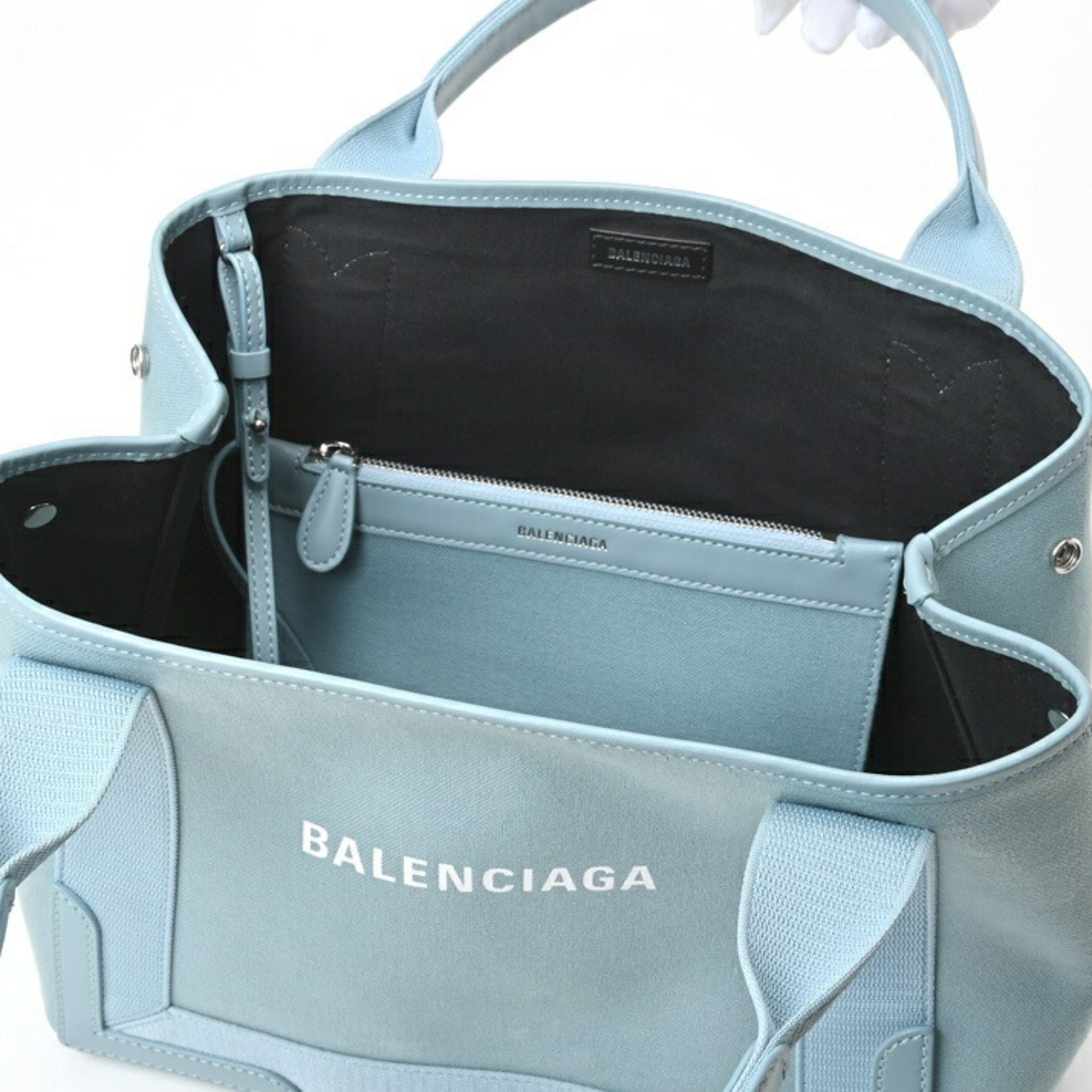 BALENCIAGA Navy Cabas S Tote Bag 339933 Canvas Leather Light Blue E-155853