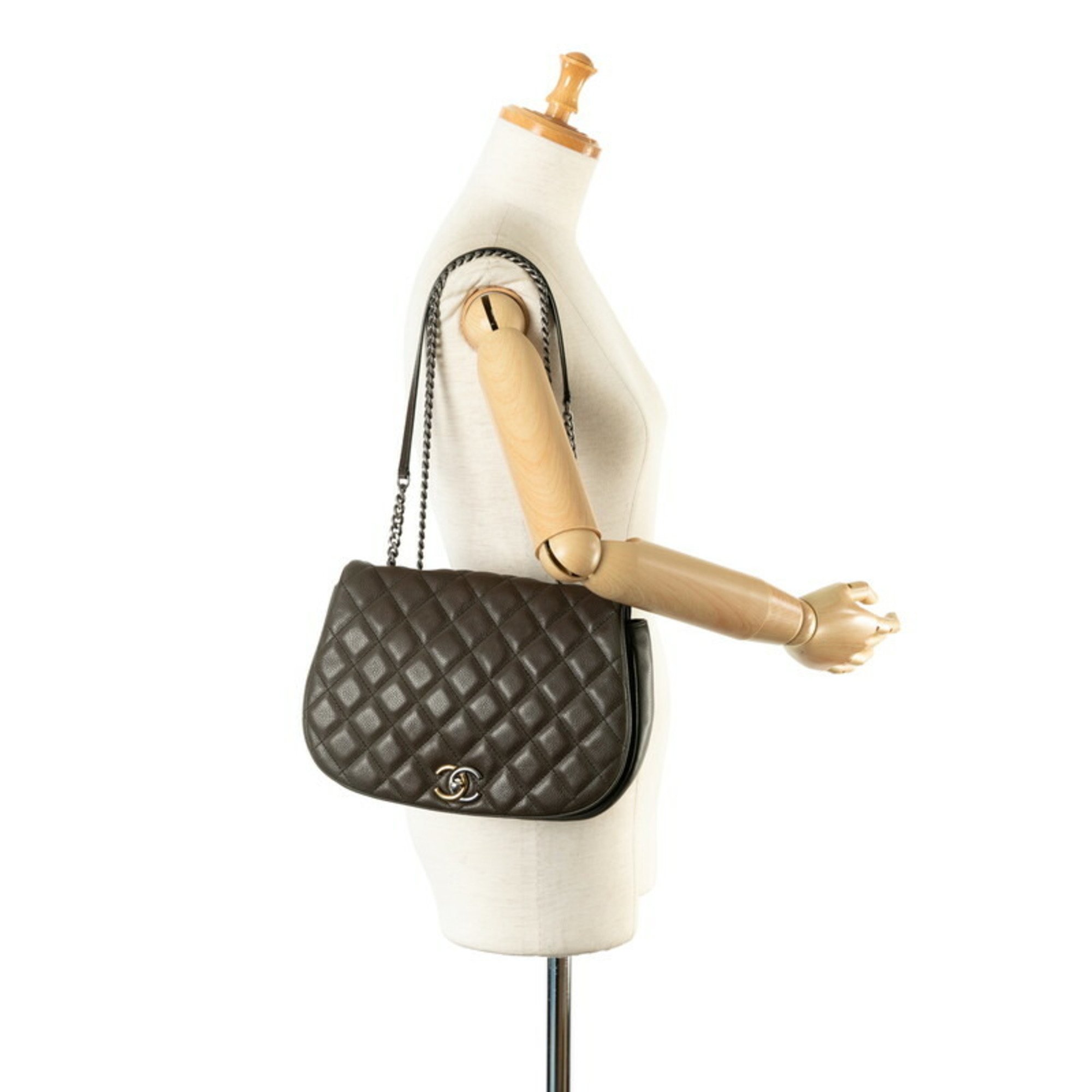 Chanel Matelasse Chain Shoulder Bag Khaki Grey Caviar Skin Women's CHANEL