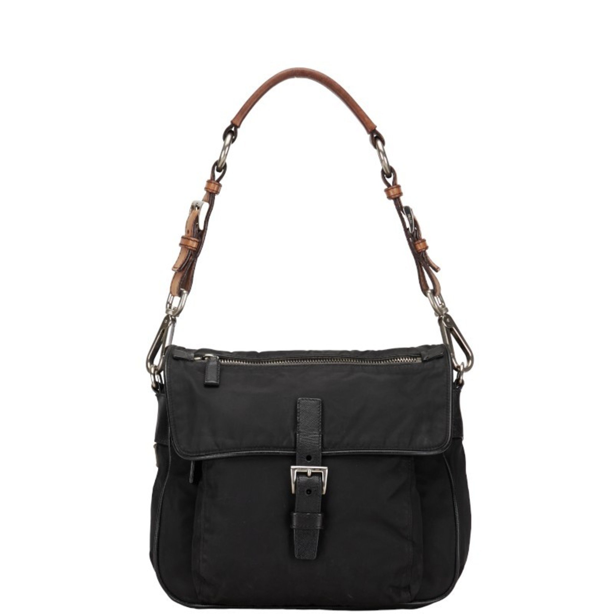 Prada Triangle Plate Bag Black Nylon Leather Women's PRADA