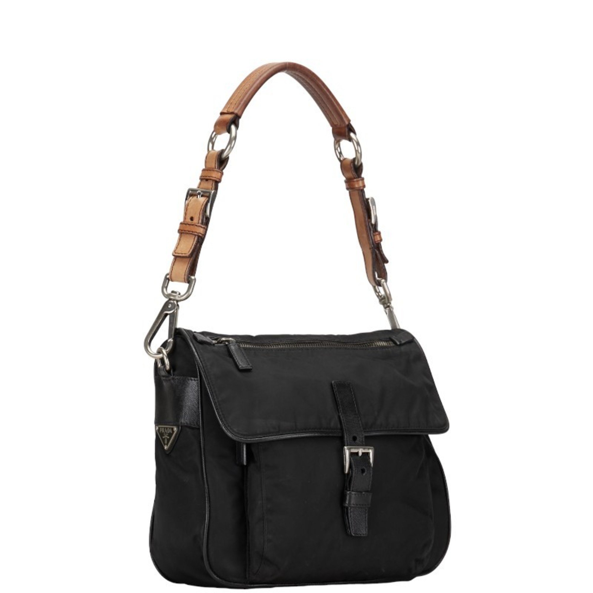 Prada Triangle Plate Bag Black Nylon Leather Women's PRADA