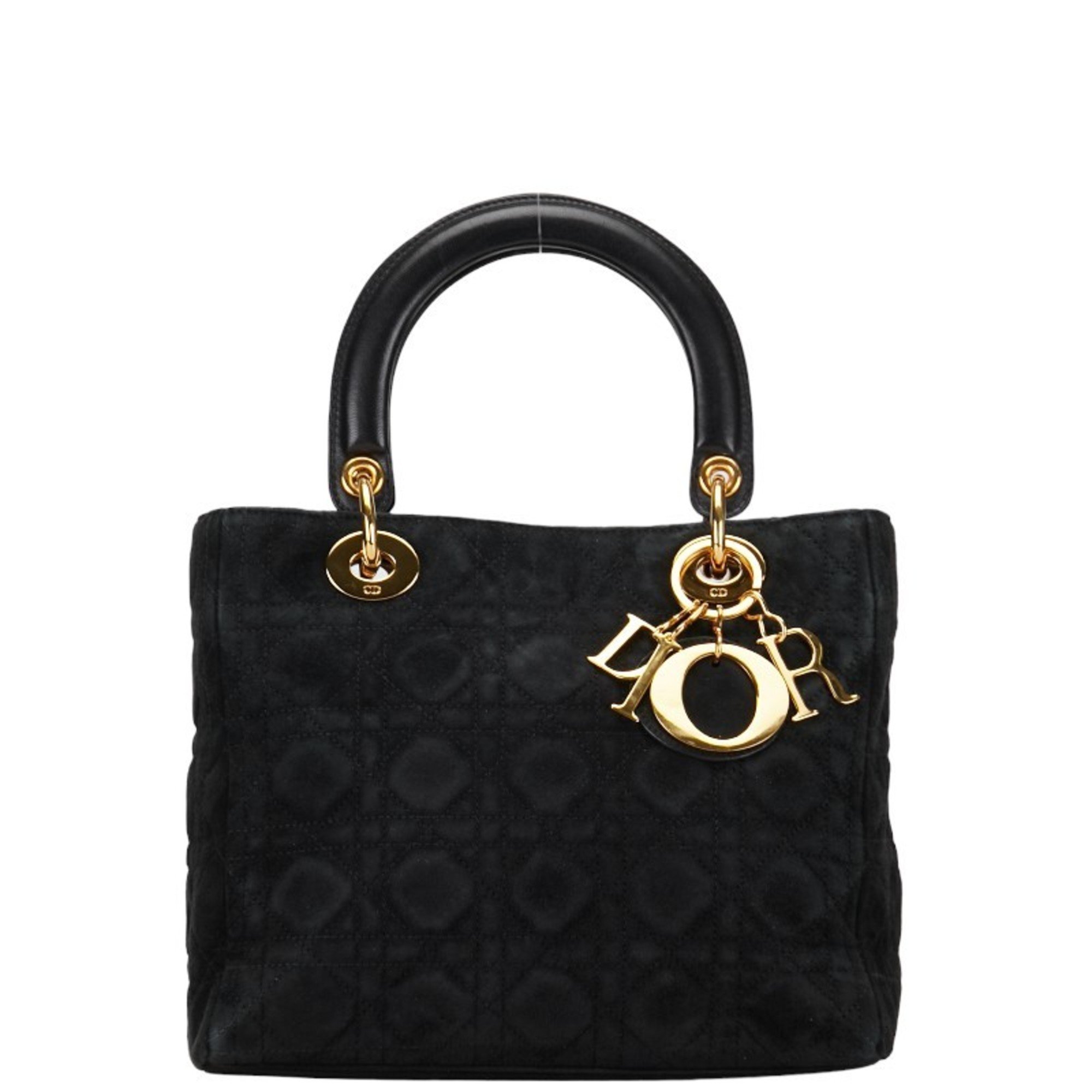 Christian Dior Dior Lady Handbag Black Gold Suede Leather Women's