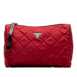 Prada Triangle Plate Quilted Pouch MV599 Wine Red Nylon Leather Women's PRADA