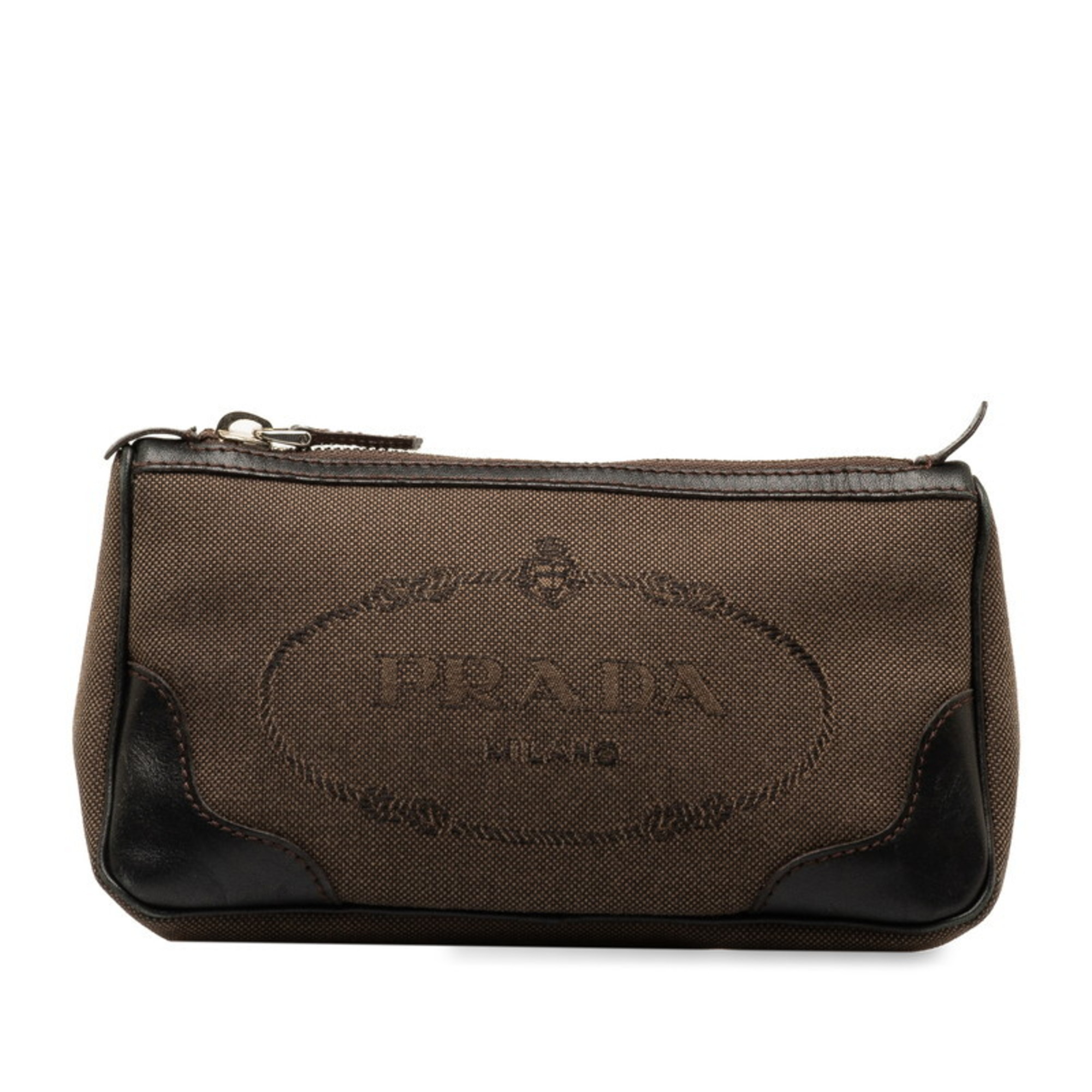 Prada Jacquard Pouch Brown Canvas Leather Women's PRADA