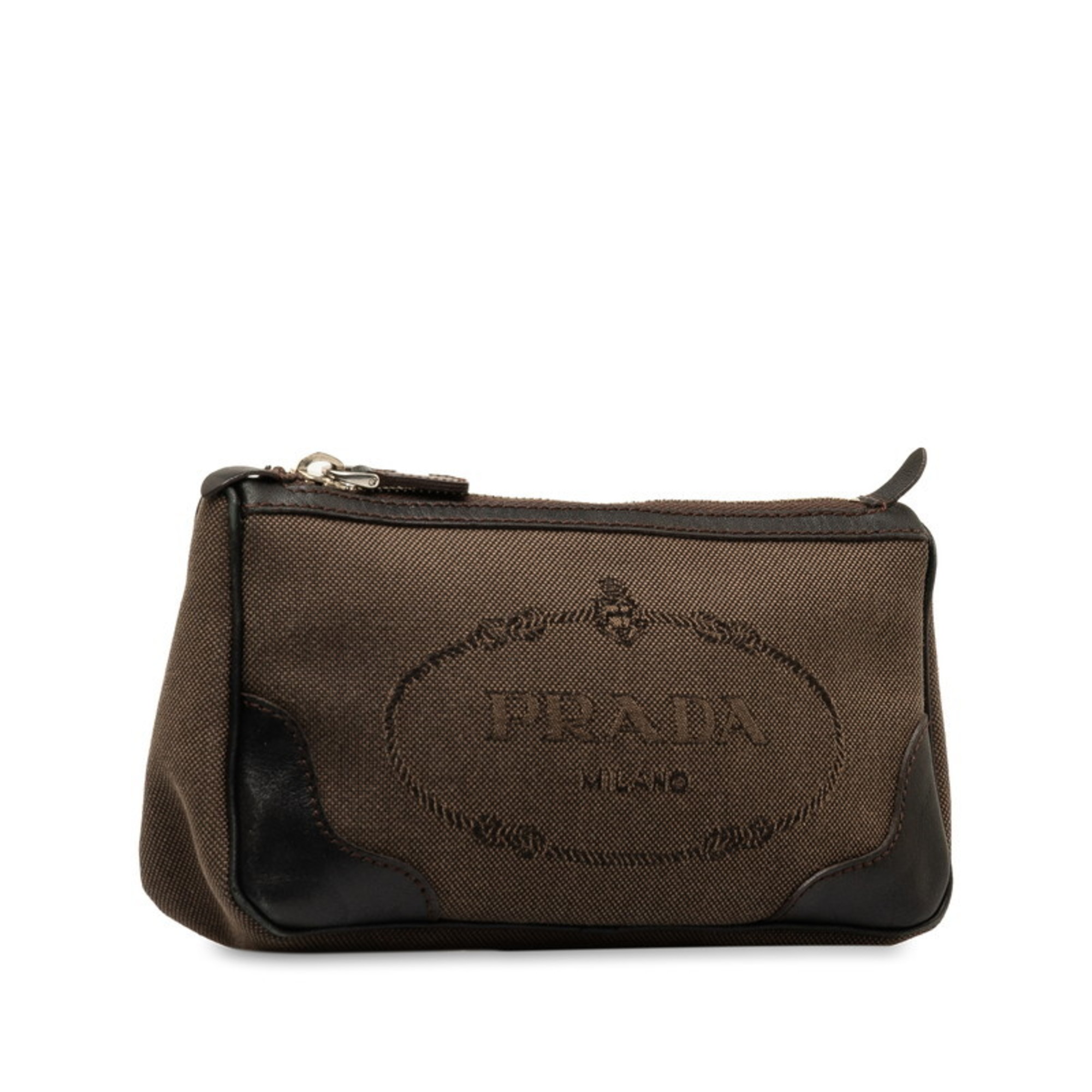 Prada Jacquard Pouch Brown Canvas Leather Women's PRADA