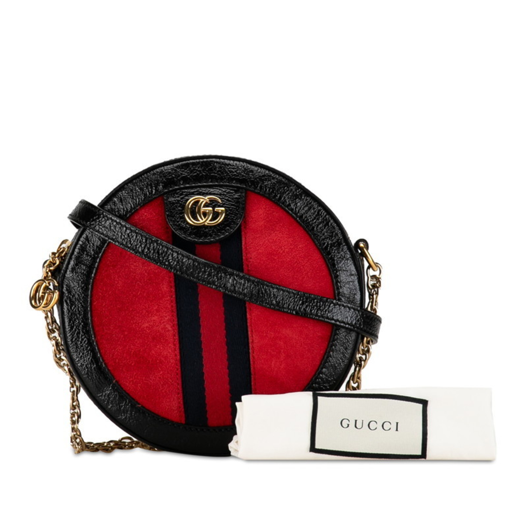 Gucci Ophidia GG Marmont Round Chain Shoulder Bag 550618 Black Red Patent Leather Suede Women's GUCCI