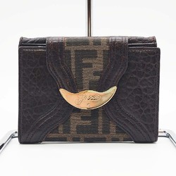 FENDI Bi-fold Compact Wallet Brown Nylon Canvas x Leather Zucca Pattern Women's