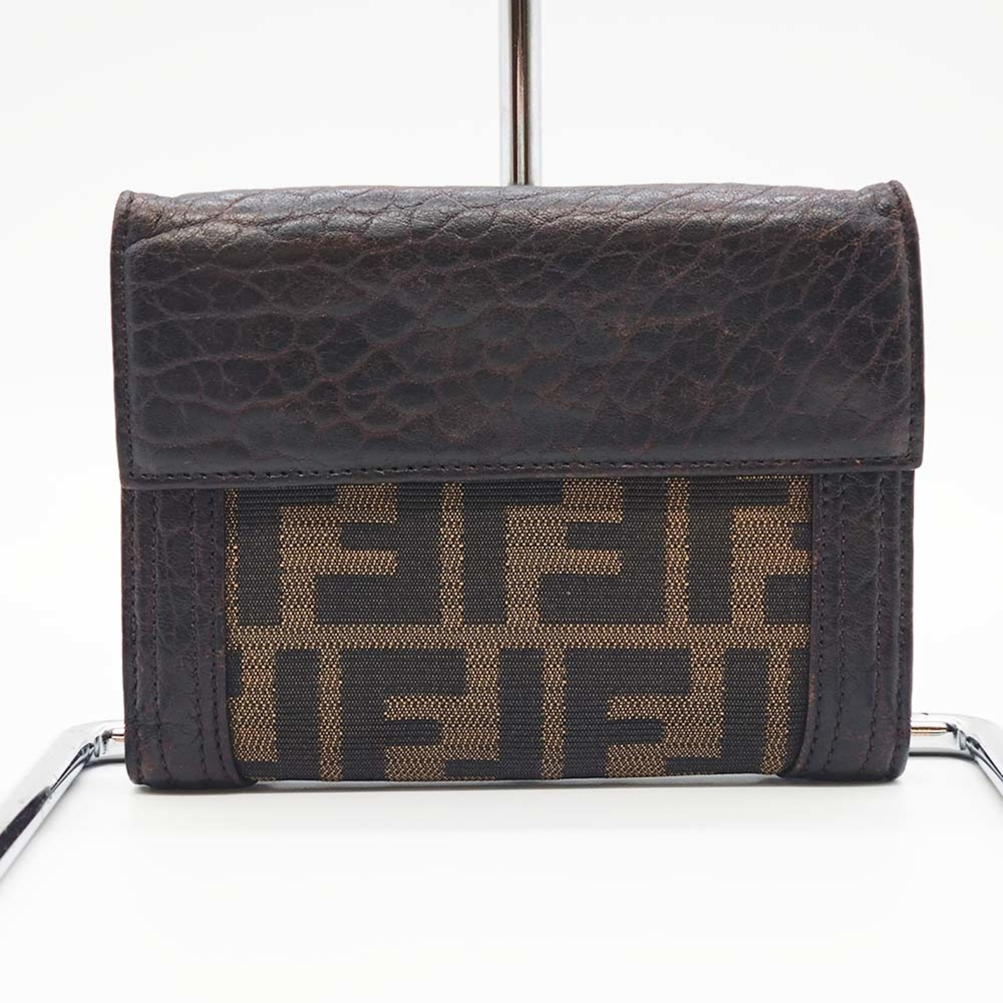 FENDI Bi-fold Compact Wallet Brown Nylon Canvas x Leather Zucca Pattern Women's