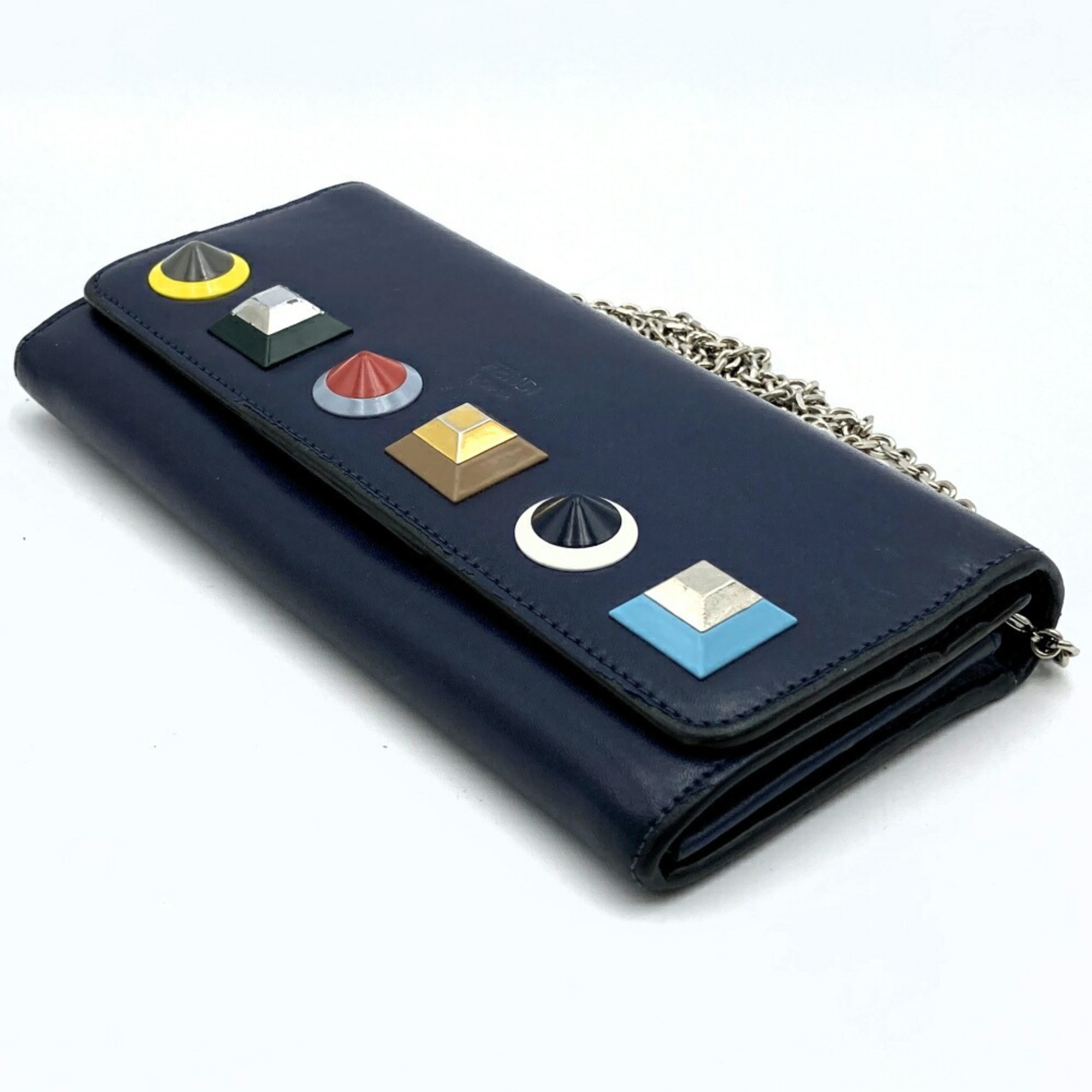 FENDI Shoulder Wallet Long Navy Leather Studs 8M0365