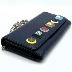 FENDI Shoulder Wallet Long Navy Leather Studs 8M0365