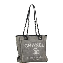CHANEL Coco Mark Deauville PM Chain Tote Bag Grey Canvas Leather Women's