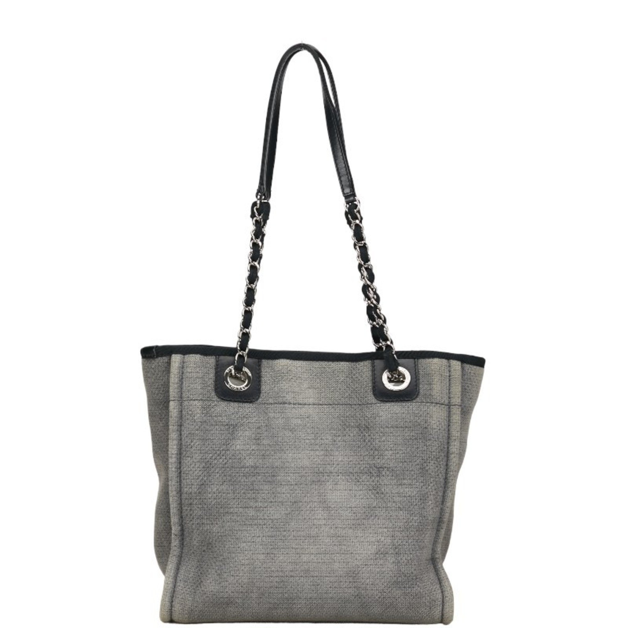 CHANEL Coco Mark Deauville PM Chain Tote Bag Grey Canvas Leather Women's