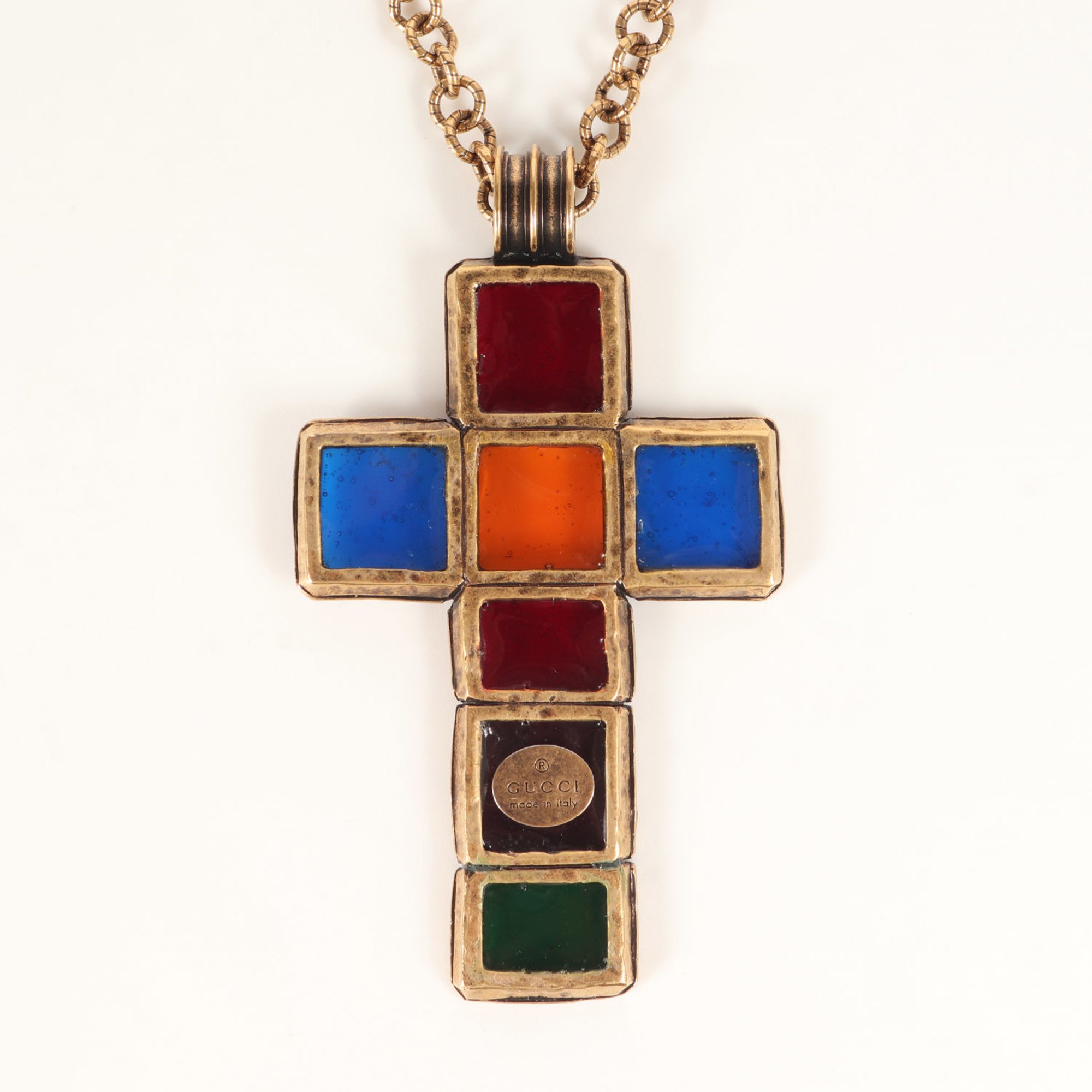 GUCCI Gucci processed color stone large cross necklace stained glass luxury gold multicolor men's