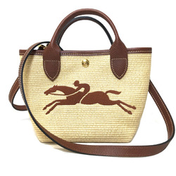 Longchamp LONGCHAMP Straw 2Way Handbag 10162 Beige Brown Leather Women's Shoulder Bag