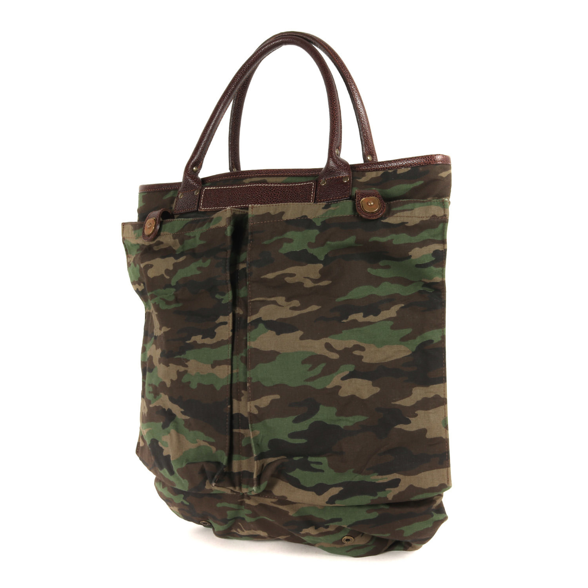 Felisi Woodland Camo Cotton Lawn Leather Combination Helmet Bag Canvas Lining Shoulder Tote Camouflage Green Brown Black Men's