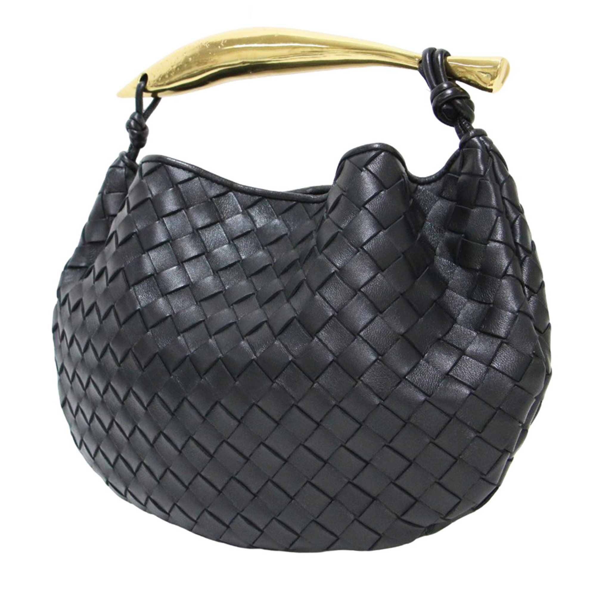 BOTTEGA VENETA Sardine Classic Metal Handle Intrecciato Leather Handbag Black Gold Women's