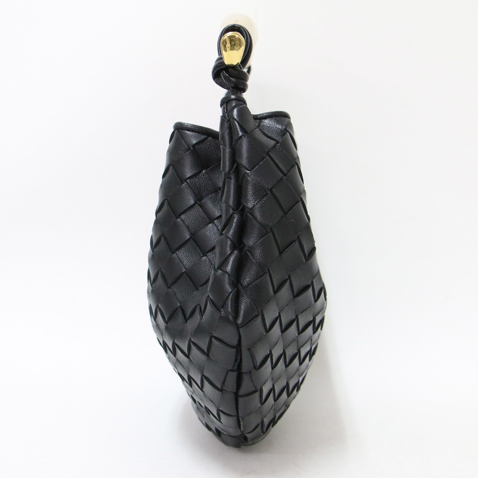 BOTTEGA VENETA Sardine Classic Metal Handle Intrecciato Leather Handbag Black Gold Women's
