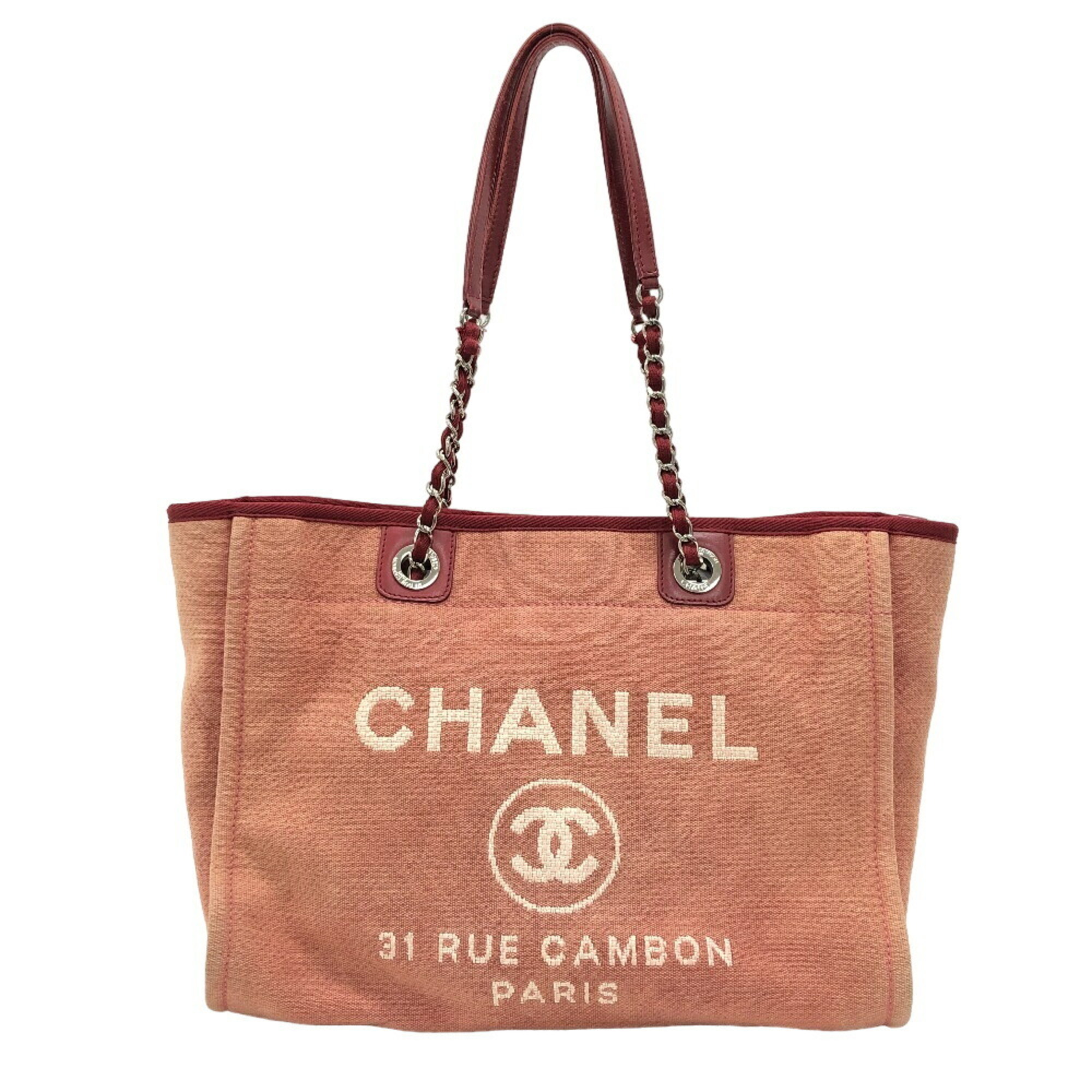 CHANEL Deauville MM Chain Tote Bag Coco Mark Red Women's