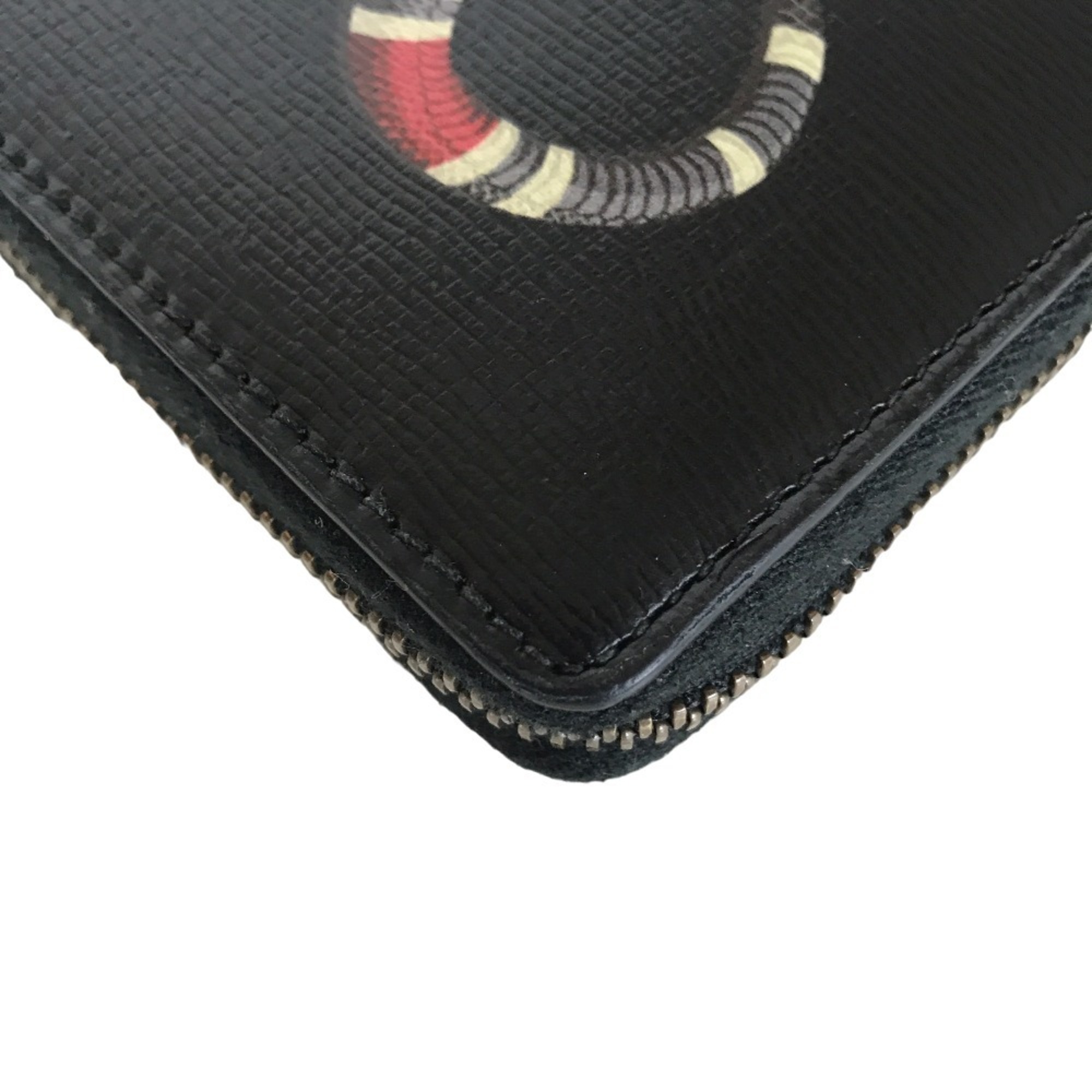 GUCCI Kingsnake Print Round Zip Long Wallet for Men Leather Black 451273 2778