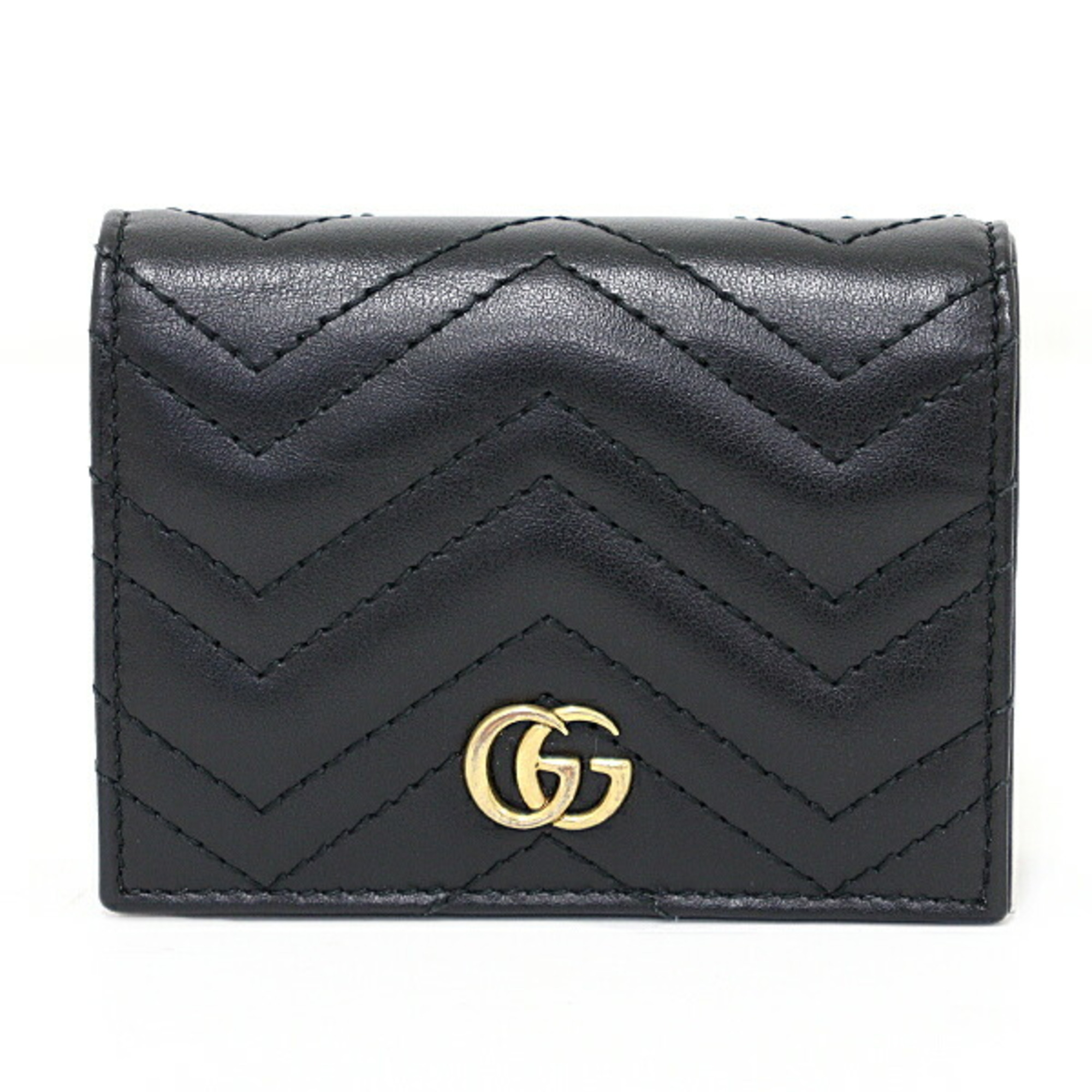 GUCCI Double G Card Case with Coin and Bill Compartment, Black Chevron Quilted Leather, GG Marmont 466492