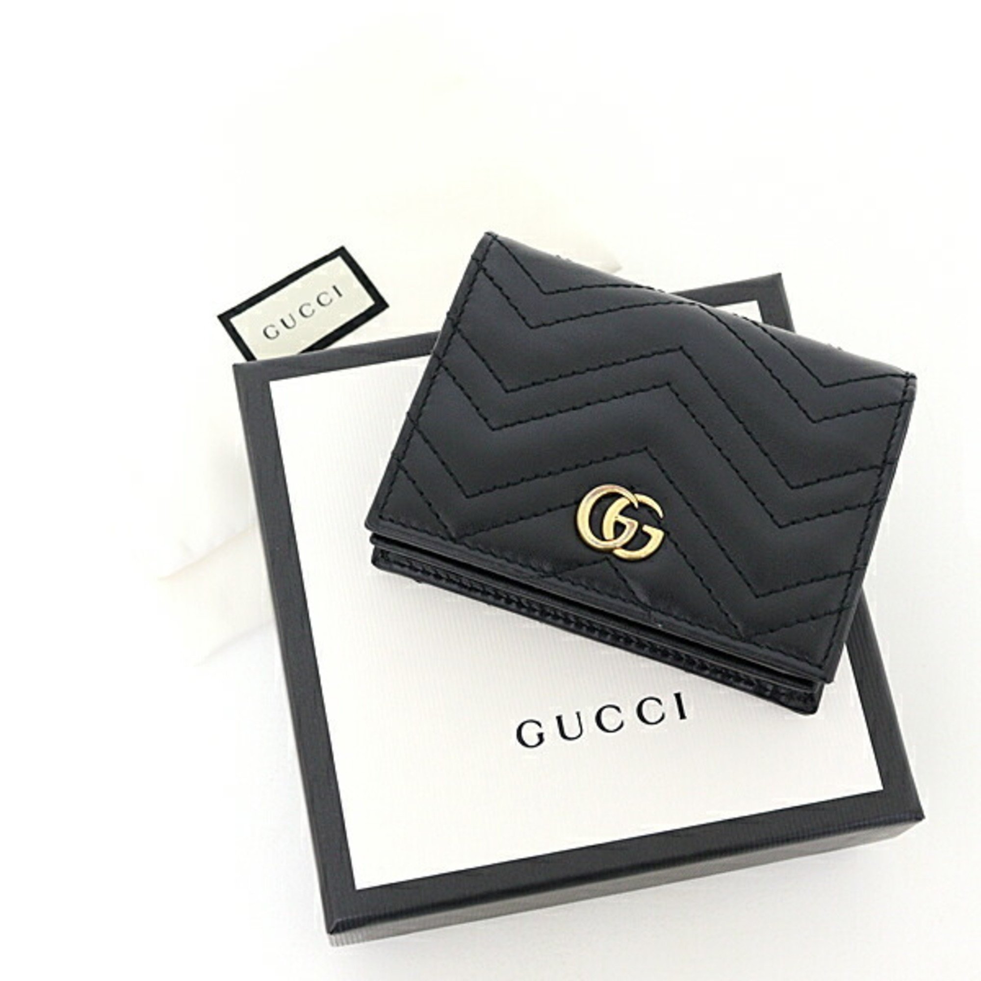 GUCCI Double G Card Case with Coin and Bill Compartment, Black Chevron Quilted Leather, GG Marmont 466492